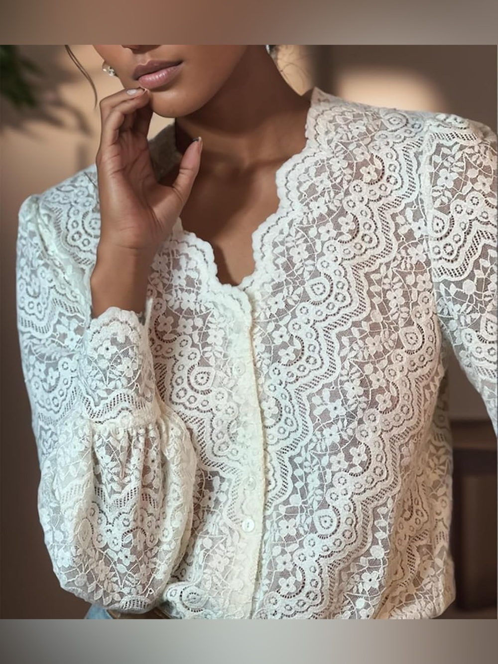 Elegant Ivory Lace Blouse with Scalloped Neckline